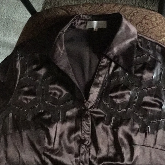 B.C. Tops - Brown Silk Shirt with Bead Detailing